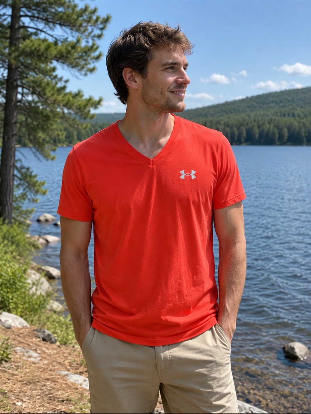 Under Armour Men’s V-Neck Tee in bright red with white logo